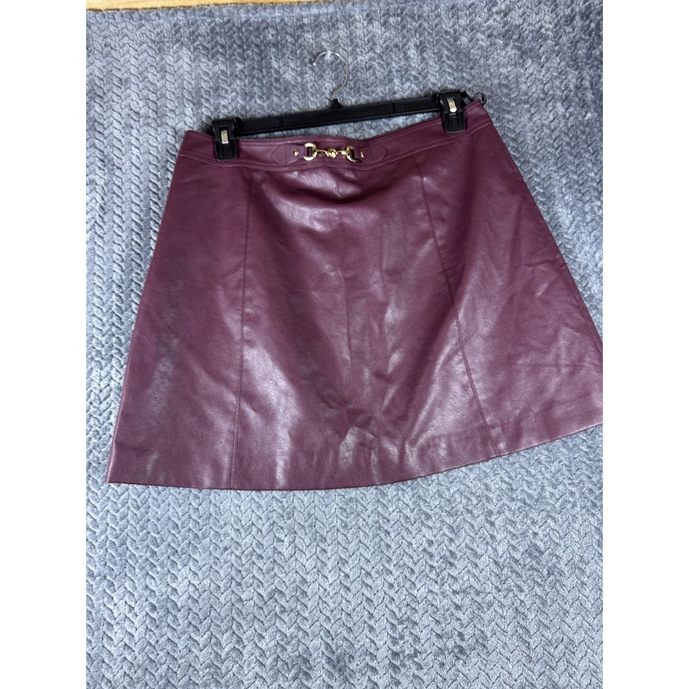 Anewsta A-Line Mini Skirt Womens XL Burgundy Metal Buckle Faux Leather Look